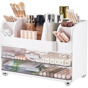 Makeup organizer with drawers vanity cosmetic storage case bathroom countertop